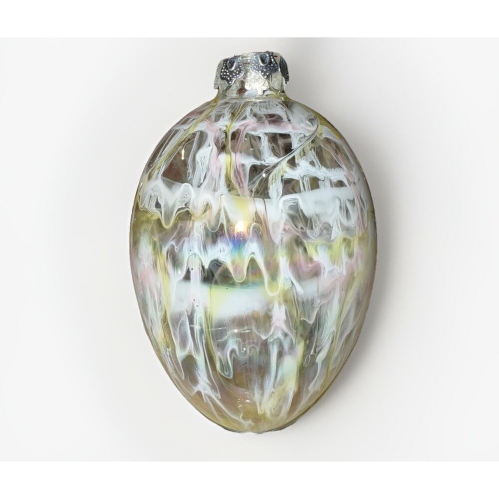 Handblown Art Glass Ball Ornament Iridescent White And Yellow Orb Opalescent